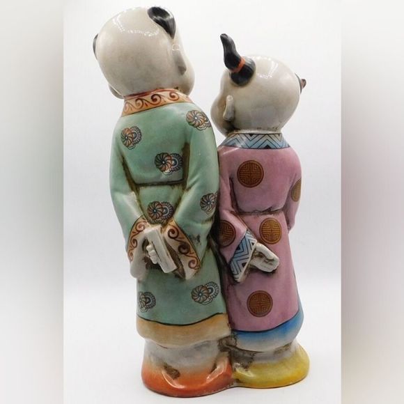 Vintage Antique Japanese Porcelain Polychrome Kutani Imari Double Statue 14"Tall - Picture 9 of 9